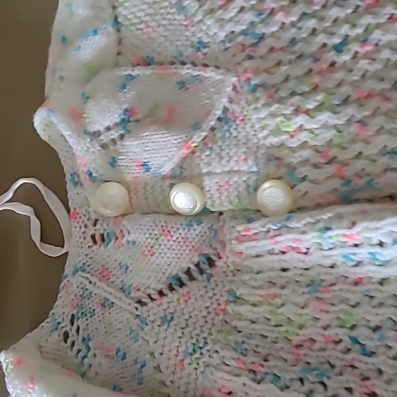 Handmade knit white speckled sweater and bonnet. - Picture 2 of 3
